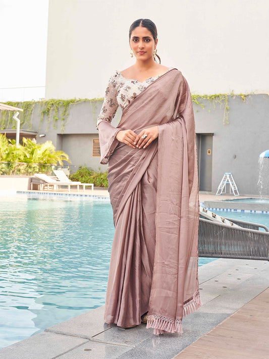 Tikhi Imli satin saree with sequence embroidered blouse | Swadesiicart
