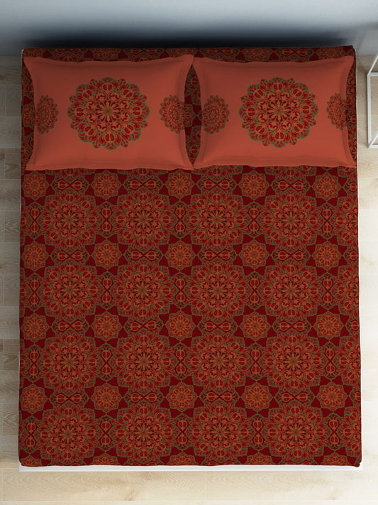 SPACES Aurum Red Ethnic Motifs Pure Cotton 140 TC Queen Bedsheet with 2 Pillow Covers - Swadesiicart