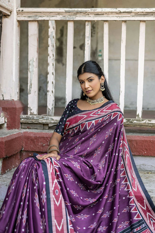 Vishnu Weaves Women's Wine Cotton Silk Printed Saree with Blouse - Swadesiicart