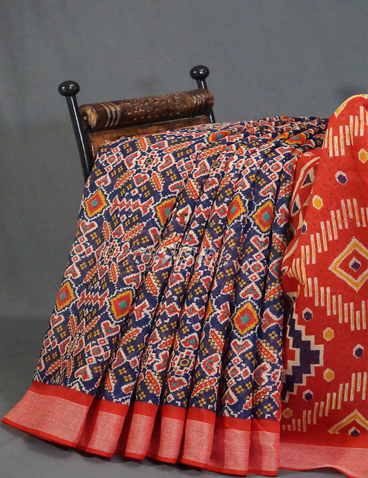 Shades Of Navy Blue And Red Patola Print Semi Chanderi Saree By Gayathri Reddy Designer Studio | Swadesiicart