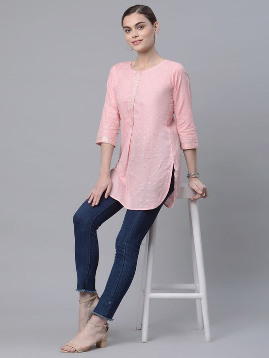 Ahalyaa Women Baby Pink Beautiful Pure Cotton Printed Tunic | Swadesiicart