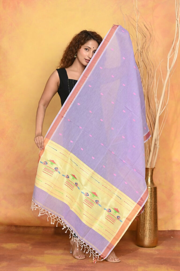 Very Much Indian Handloom Pure Cotton Paithani Dupatta - Lavender | Swadesiicart