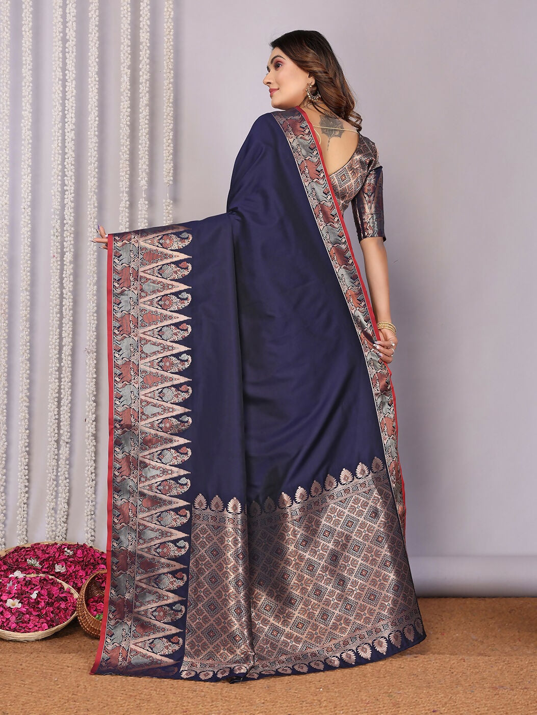 Joban Fashion Banarasi Navy Blue Jacquard Woven Soft Silk Saree | Swadesiicart