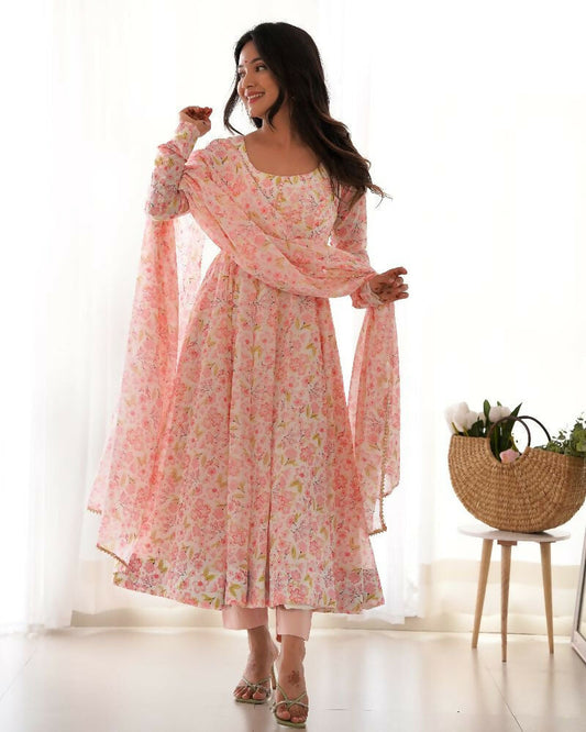 Joban Fashion Peach Kurta Set Organza Sequin Embroidery Work