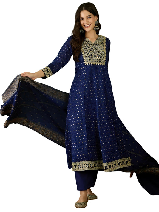 The52 Blue Women's Gorgeous Embroidered Work Vichitra Silk Fabric Flared Kurta Pant and Dupatta Set - Swadesiicart