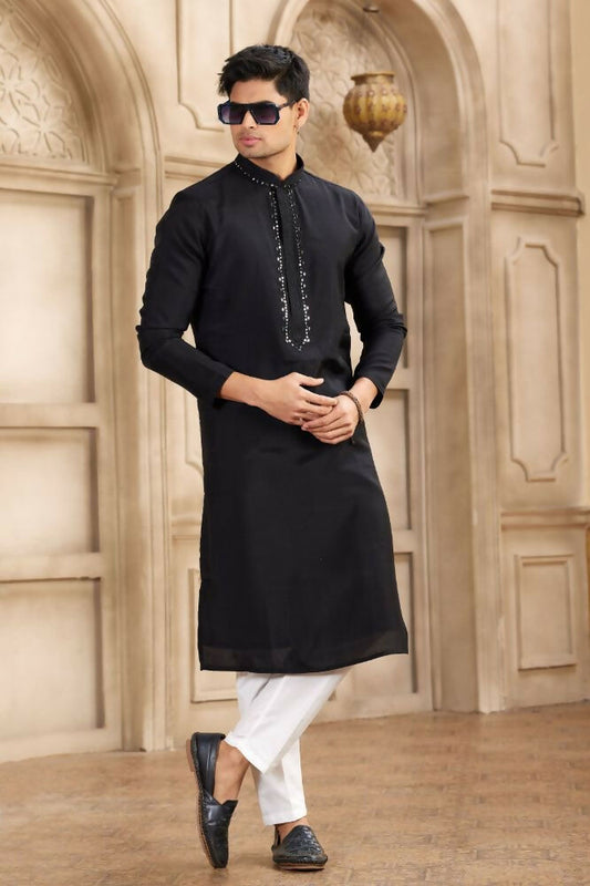 Raivat Ethnic Banarasi Art Silk Mirror Work Kurta Pajama In Black Colour | Swadesiicart