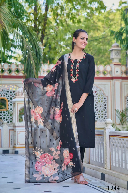 Partywear Designer Chanderi Black Stitched Suit With Dupatta - Tanisha | Swadesiicart