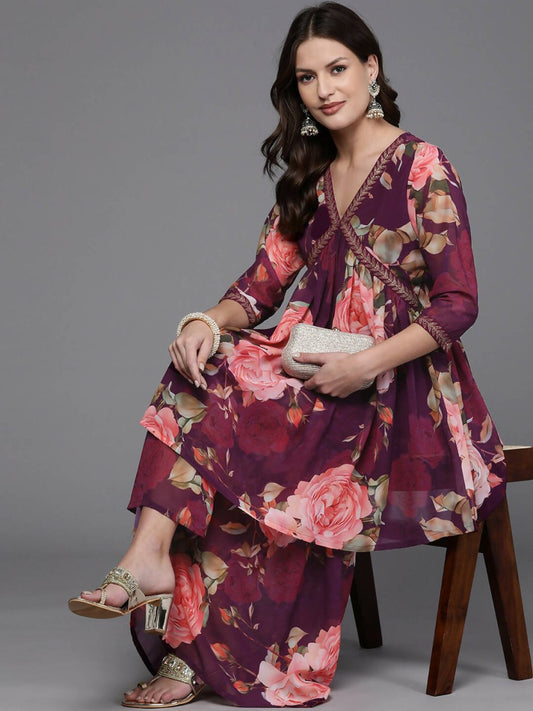 Ahalyaa Women Floral Printed Tunic with Sharara - Black Color | Swadesiicart