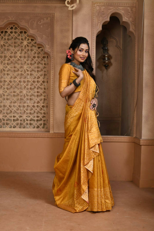 Vishnu Weaves Women's Yellow Handloom Raw Silk Woven Border Saree with Unstitched Blouse - Swadesiicart