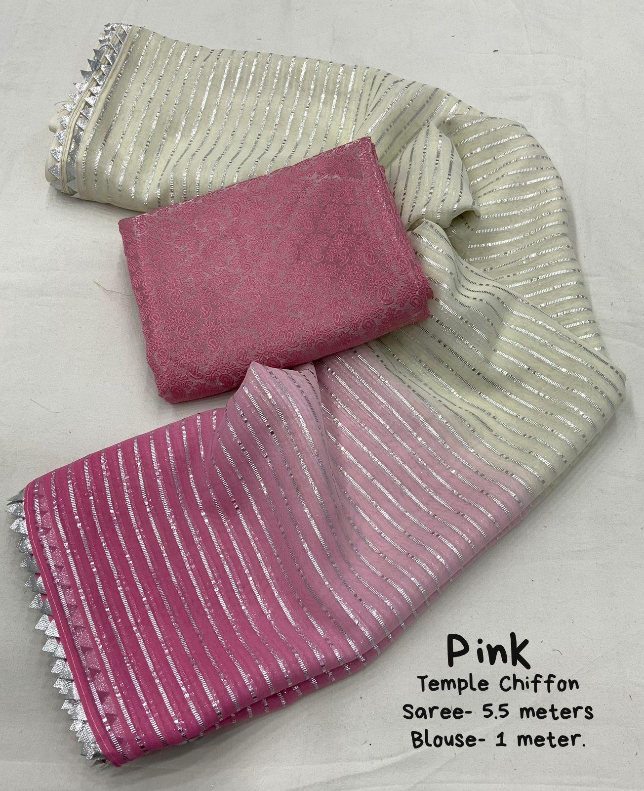 Pink Poly Chiffon Striped Saree with Unstitched Blouse - Hiral Fashion | Swadesiicart