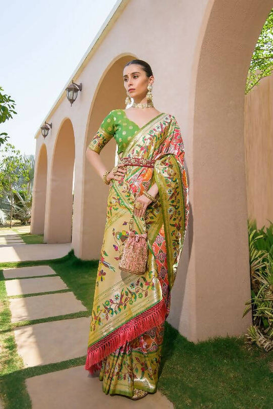 Vishnu Weaves Women's Peach Paithani Silk Zari Woven Saree with Unstitched Blouse - Swadesiicart