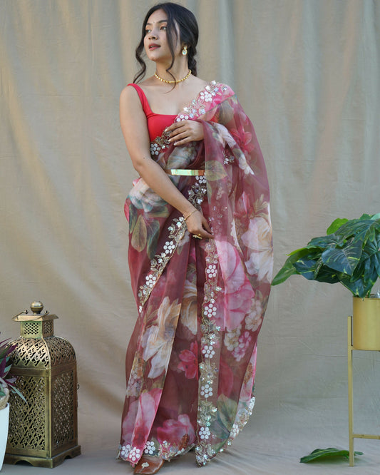 Vamsee Sarangi Red Organza Saree - Swadesiicart
