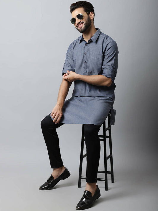 Even Apparels Grey Color Pure Cotton Solid Men's Kurta With Shirt Collar (MMS149) | Swadesiicart
