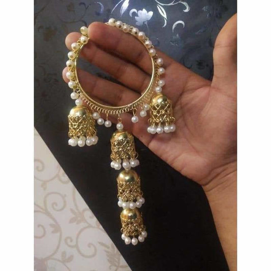 Gold Color White Pearls Hanging Bangles With Jhumkas