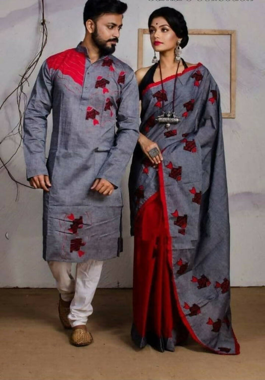 Exclusive Collection Saree With Blouse Piece For Women And Men's Kurta - Gray | Swadesiicart