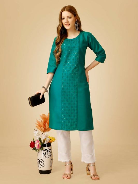 Jyoti Fashion Women's Rama Cotton Blend Embroidered Kurta Pant Set - Swadesiicart