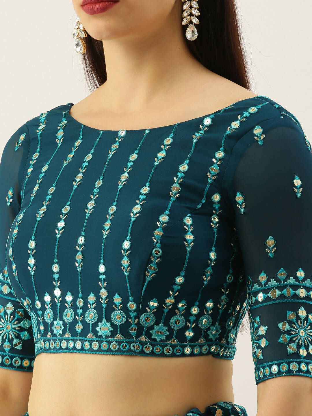 House of Panchhi Women Teal Georgette Sequins Work Lehenga & Blouse with Dupatta | Swadesiicart