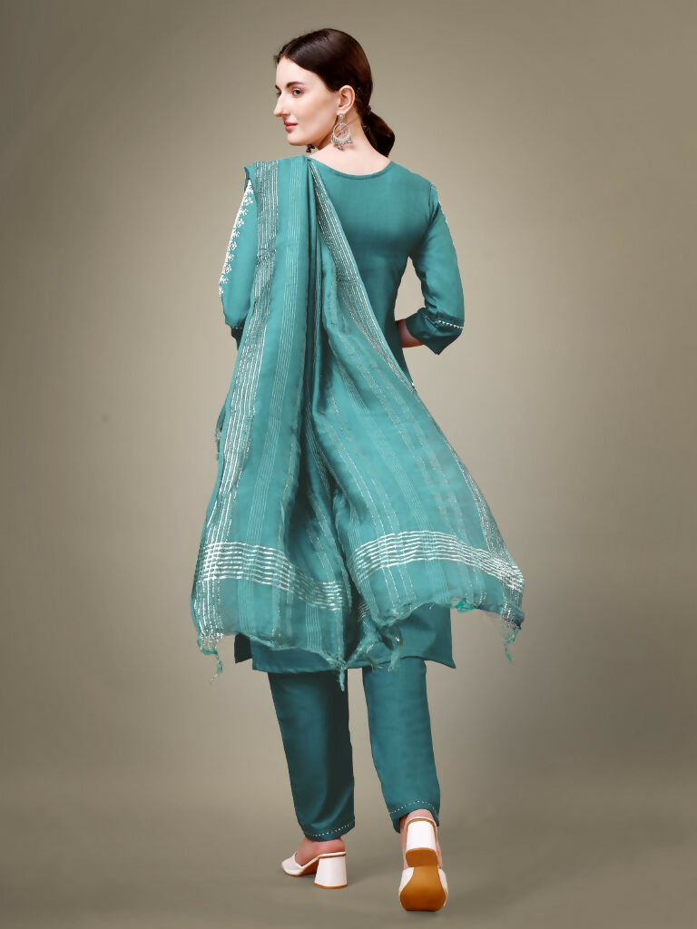 Jyoti Fashion Women's Teal Cotton Blend Embroidery & Sequence work Kurta with Trouser & Dupatta | Swadesiicart