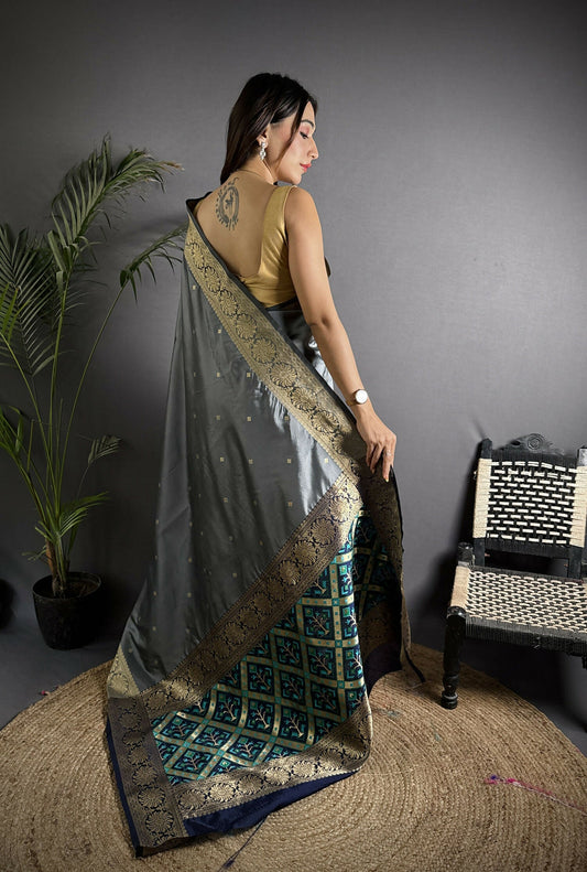 Joban Fashion Grey Banarasi Cotton Silk Woven Saree | Swadesiicart