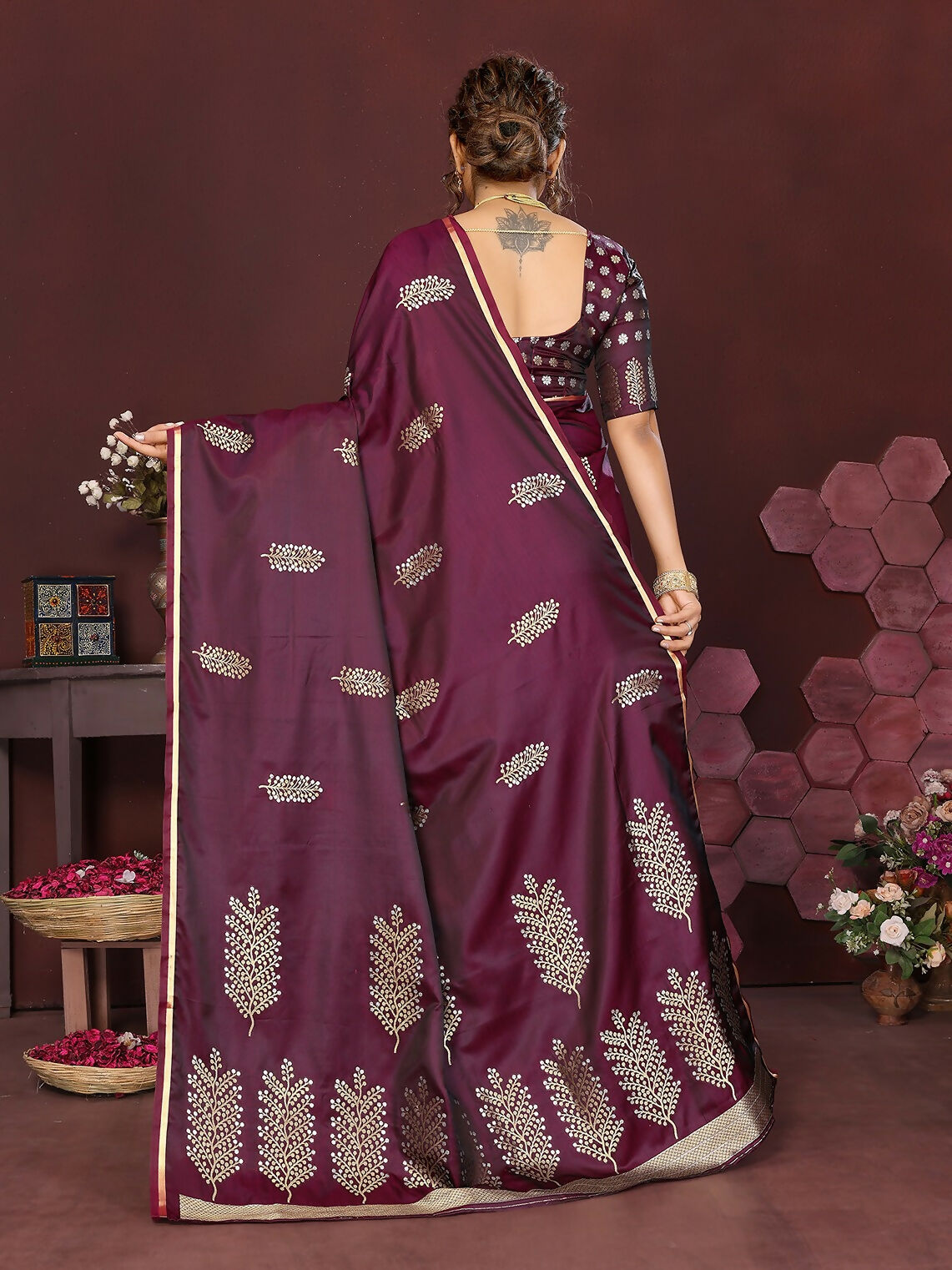 Joban Fashion Wine Floral Motifs Banarasi Silk Sarees | Swadesiicart