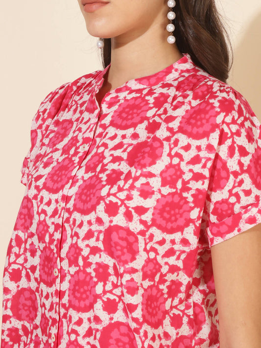 Janasya Women's Pink and White Cotton Printed Casual Regular Co-ords - Swadesiicart