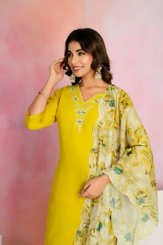 Ethnic Festive Wear Viscose Chanderi Yellow Stitched Suit With Dupatta - Tanisha | Swadesiicart