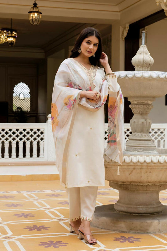 The52 White Women's Beautiful Viscose Chanderi Fabric Embroidered Work Straight Kurta Pant and Dupatta Set - Swadesiicart