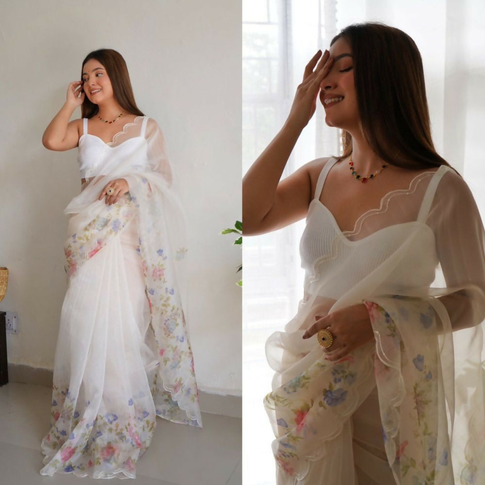 Vamsee Rency White Organza Saree - Swadesiicart