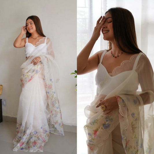 Vamsee Rency White Organza Saree - Swadesiicart