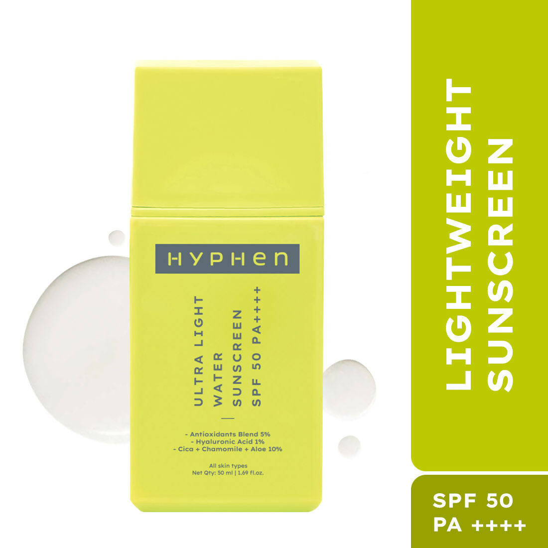 Hyphen By Kriti Sanon Ultra Light Water Sunscreen SPF 50 PA++++ UVA-UVB & Blue Light Protection, No White Cast, For Men & Women | Swadesiicart