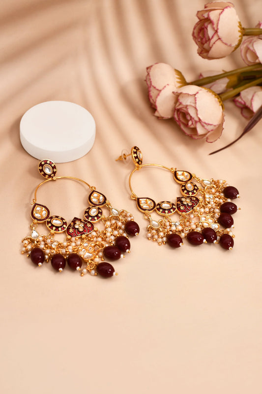 New Stylish Ethnic Partywear Maroon Hoops Kundan Earrings for Womens by House of Ree | Swadesiicart