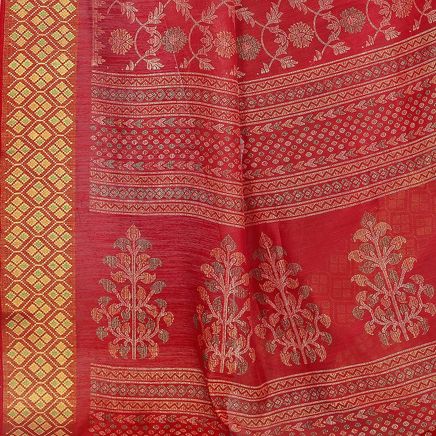 Mirchi Fashion Women's Red Cotton Blend Kalamkari Printed Swadesiicart