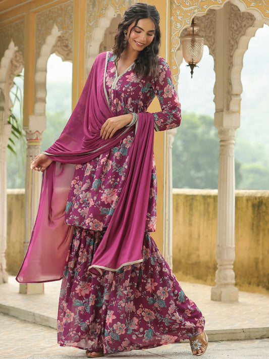 Janasya Purple Georgette Floral Kurta,Bottom & Dupatta | Swadesiicart