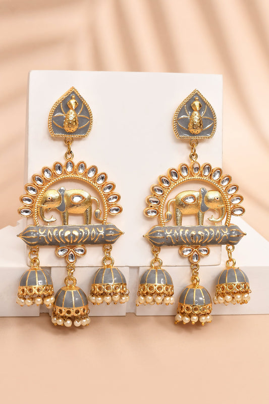 Elephant Shape Gray Jhumki Drop Earrings for Womens by House of Ree | Swadesiicart