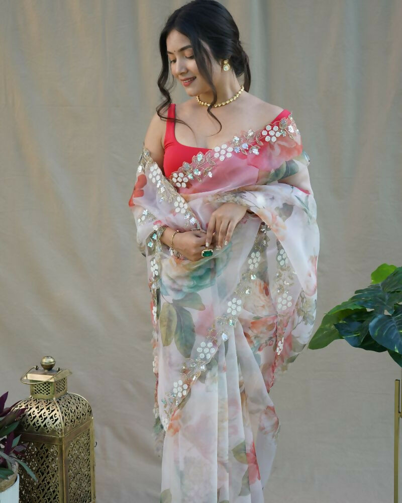 Vamsee Sarangi White Organza Saree - Swadesiicart