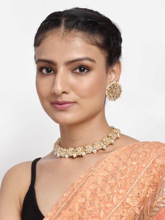 Pearl Kundan Choker With Studs - Ruby Raang | Swadesiicart