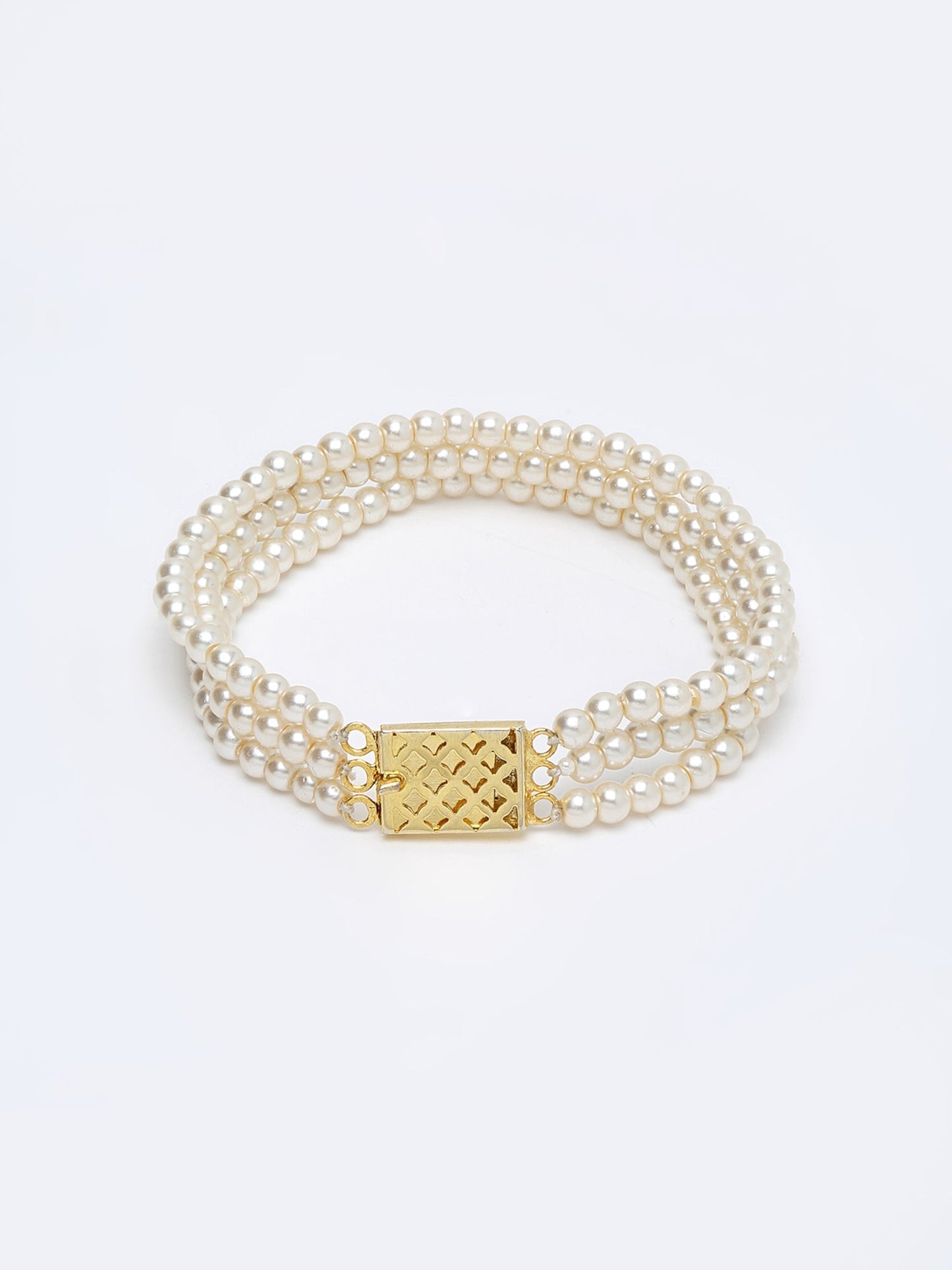 Women's Gold-Toned White Pearls Gold-Polished Multi-Strand Bracelet - Ruby Raang - Swadesiicart