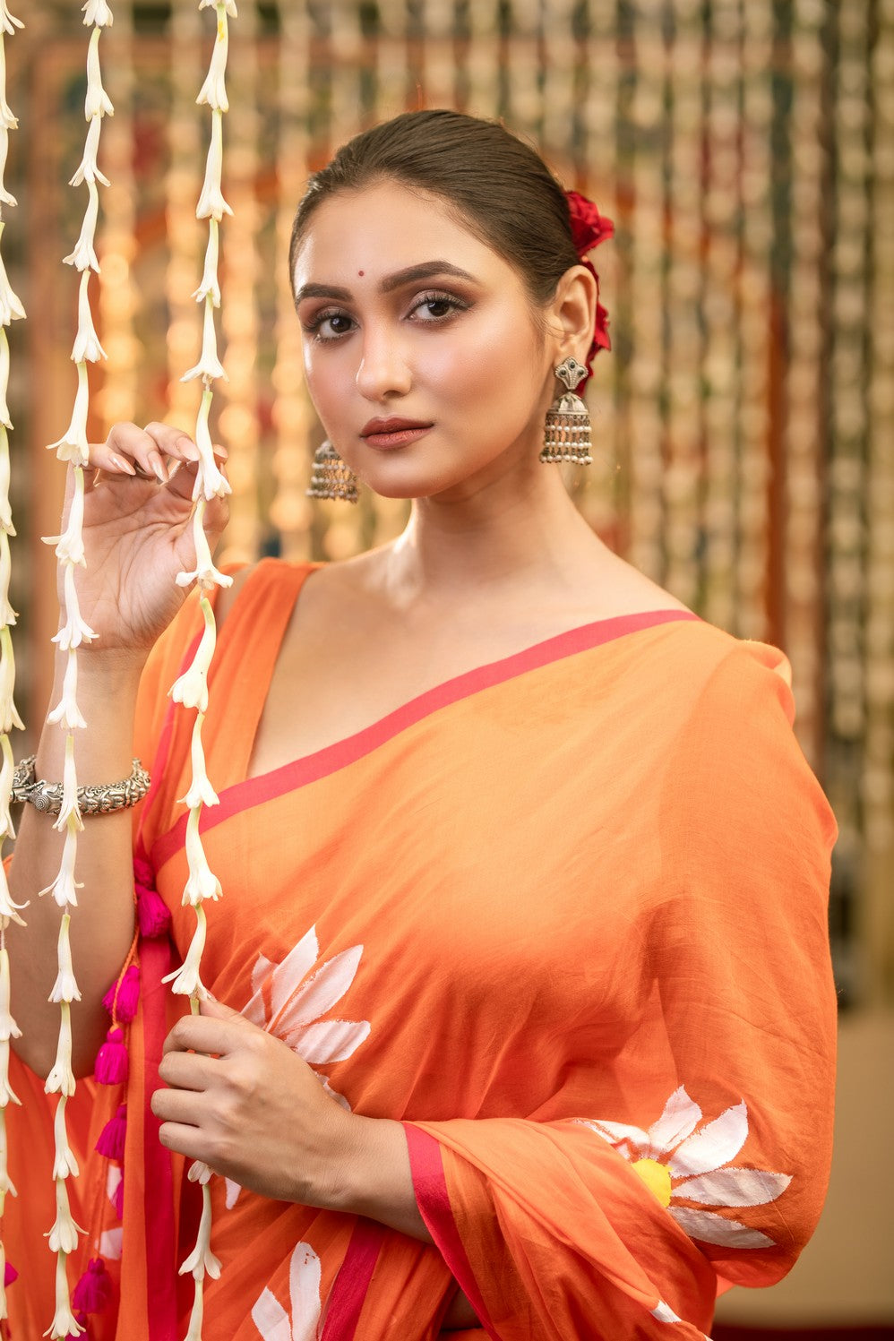 Very Much Indian Mastaani - Pure Mul Cotton Handloom Saree with Beautiful Floral Handpaint - Orange | Swadesiicart