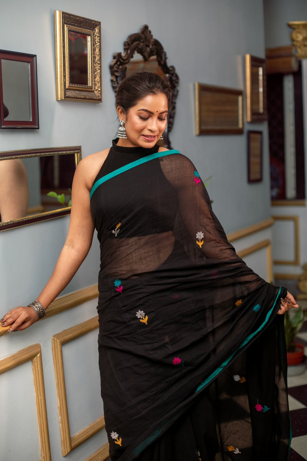 Very Much Indian Mastaani - Pure Mul Cotton Handloom Swadesiicart with Beautiful Floral Weaves - Black