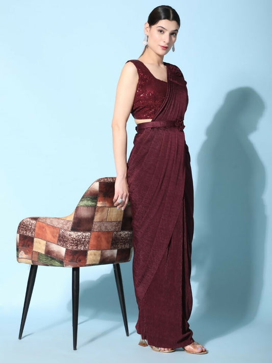 Maroon Imported Crush Lycra Texture Pattern Ready to Wear Saree with stitched Blouse - Nirvana | Swadesiicart