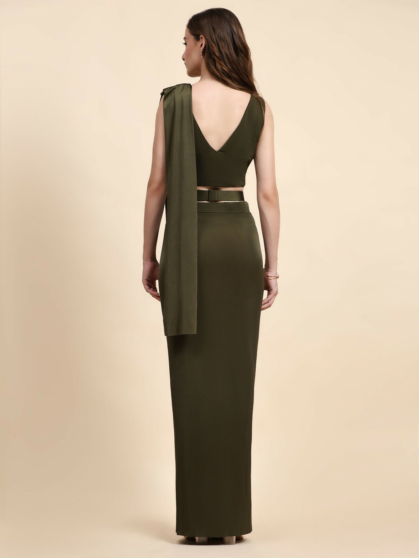 Green Polyester Solid Ready to Wear Saree with stitched Blouse - Nita | Swadesiicart