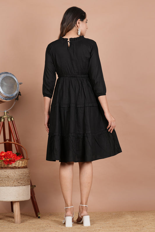 House of RP Women's Black Cotton Solid Tiered Dress - Swadesiicart
