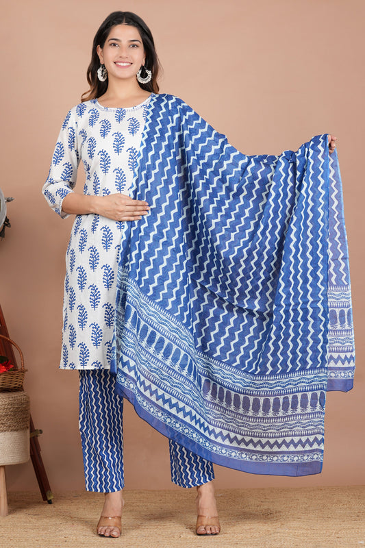 House of RP Women's White & Aqua Blue Cotton Kurta, Pant & Dupatta Set | Swadesiicart