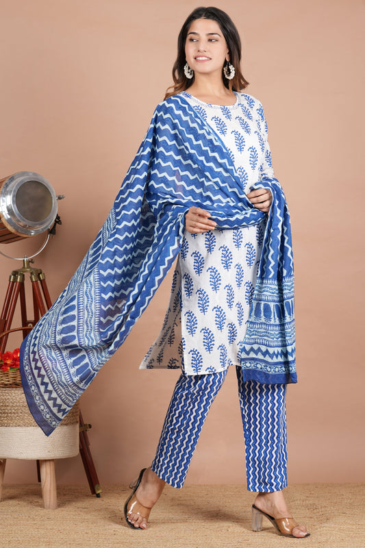House of RP Women's White & Aqua Blue Cotton Kurta, Pant & Dupatta Set | Swadesiicart