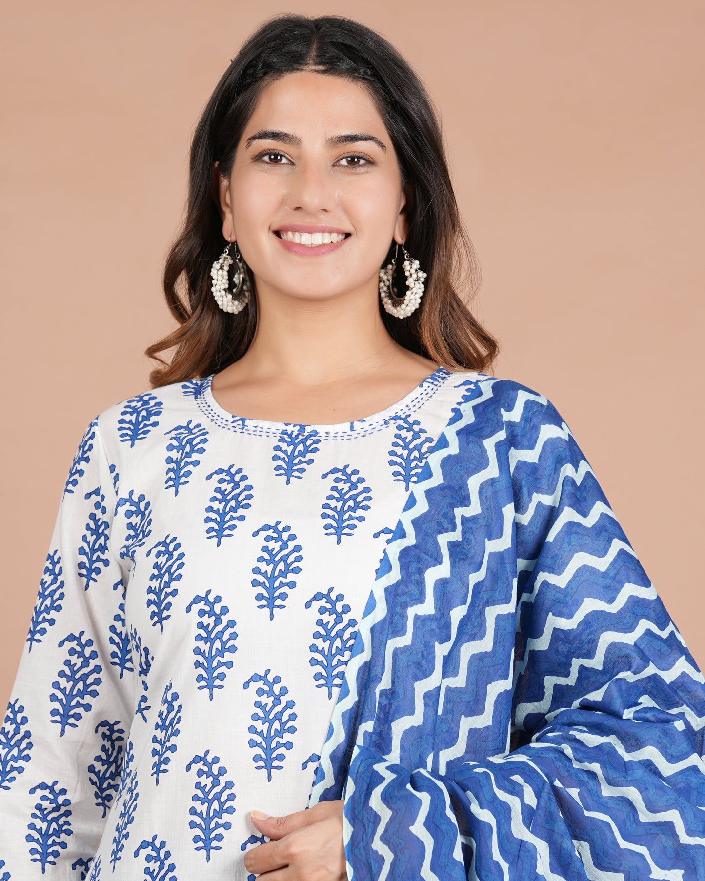 House of RP Women's White & Aqua Blue Cotton Kurta, Pant & Dupatta Set | Swadesiicart