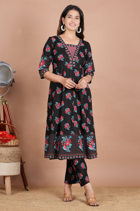 House of RP Women's Black Floral Cotton Kurta, Pant Set | Swadesiicart
