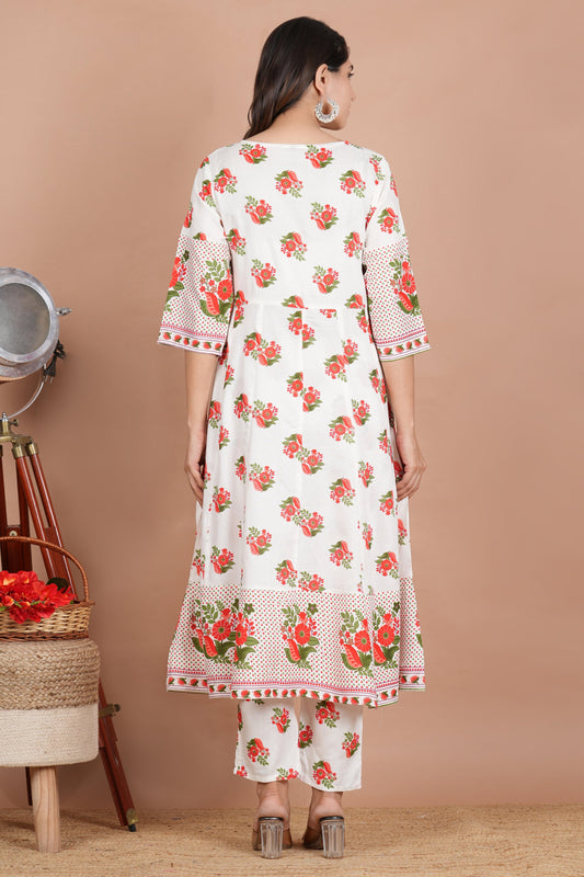 House of RP Women's Off-White Floral Cotton Kurta, Pant Set | Swadesiicart