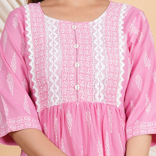 House of RP Women Pink Rayon Naira Cut Emboridered & Printed Kurta & Pant Set | Swadesiicart