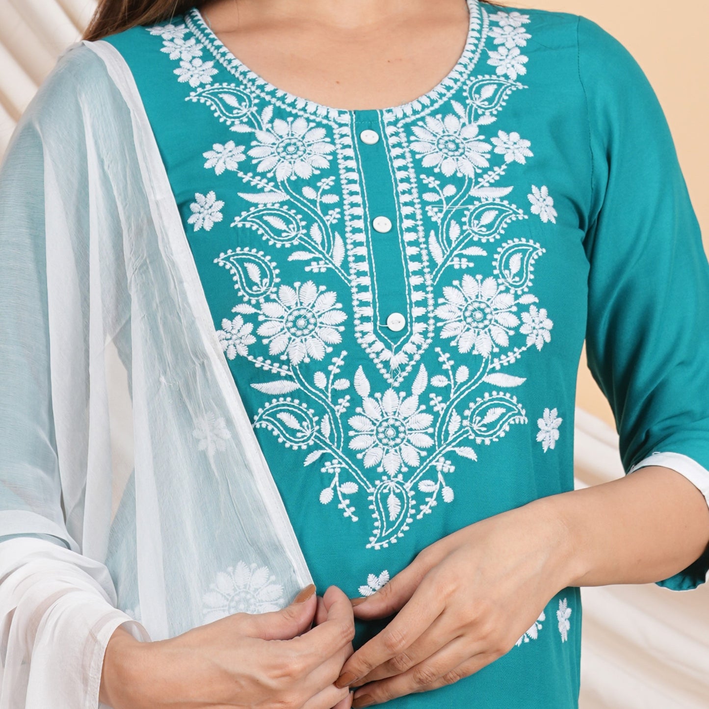House of RP Women Teal Rayon Embroidered Kurta, Pant & Dupatta Set | Swadesiicart