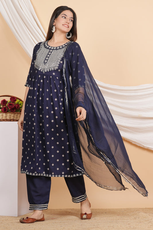 House of RP Women Blue Rayon Embroidered Naira Cut Kurta, Pant & Dupatta Set | Swadesiicart